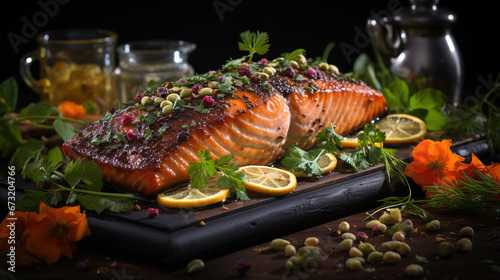 Salmon Fish Flaxseeds and Flaxseed Oil Chia Seeds Walnuts on Blurry Background