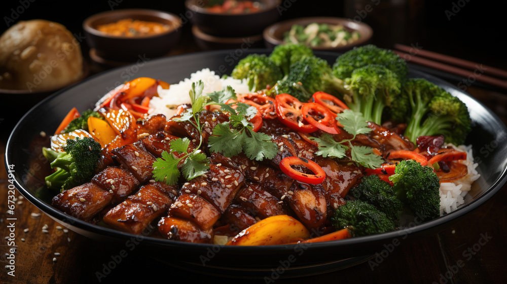 A Classic Dish Spicy Chicken Stir Fry on Blurry Background