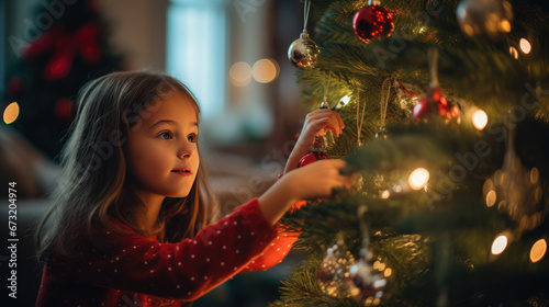 A little girl decorates Christmas tree .
