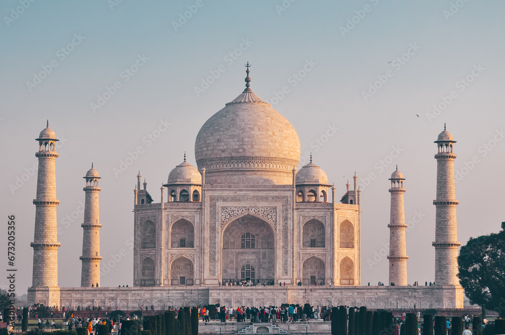 Amazing view on the Taj Mahal during sunrise. The Taj Mahal is an ivory-white marble mausoleum on the south bank of the Yamuna river. Agra, Uttar Pradesh, India
