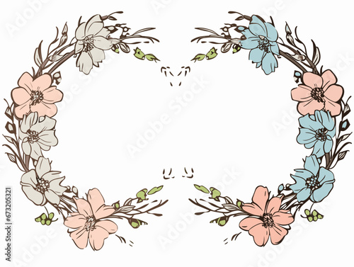 Drawing of flower wreaths with neutral flowers and leaves illustration separated, sweeping overdrawn lines.