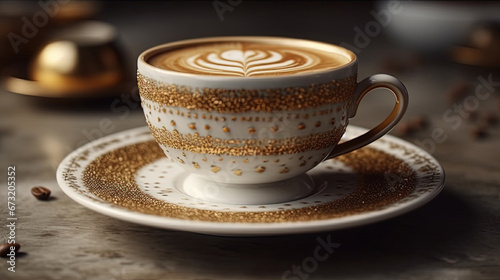 A Cup of Beautiful Cappuccino With Heat The Cup is White With Gold Patterns Printed on it Blurry Background