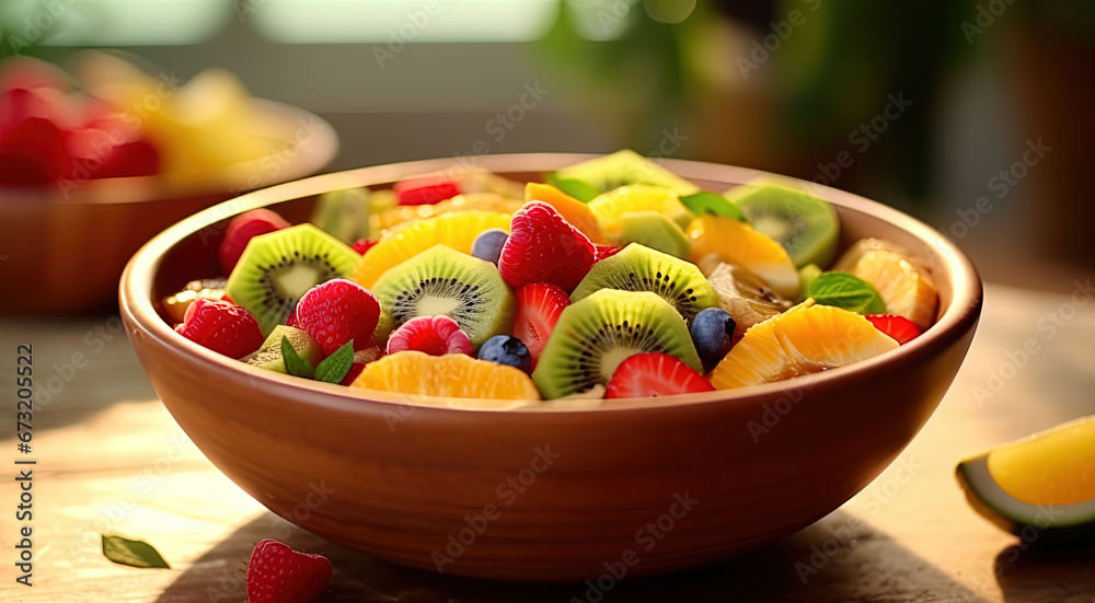 A Vibrant Salad Bowl Filled with a Mix of Sliced Kiwis Leafy Greens and Other Colorful Fruits Selective Focus Background