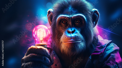 A Monkey Grasps a Light Bulb, Creative Explosion of Multicolored Paint. The Birth of a Creative Idea and Mind created with Innovative AI Technology © ZZMC