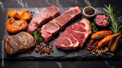 Various types of grilled meat, beef, pork, chicken on stone background