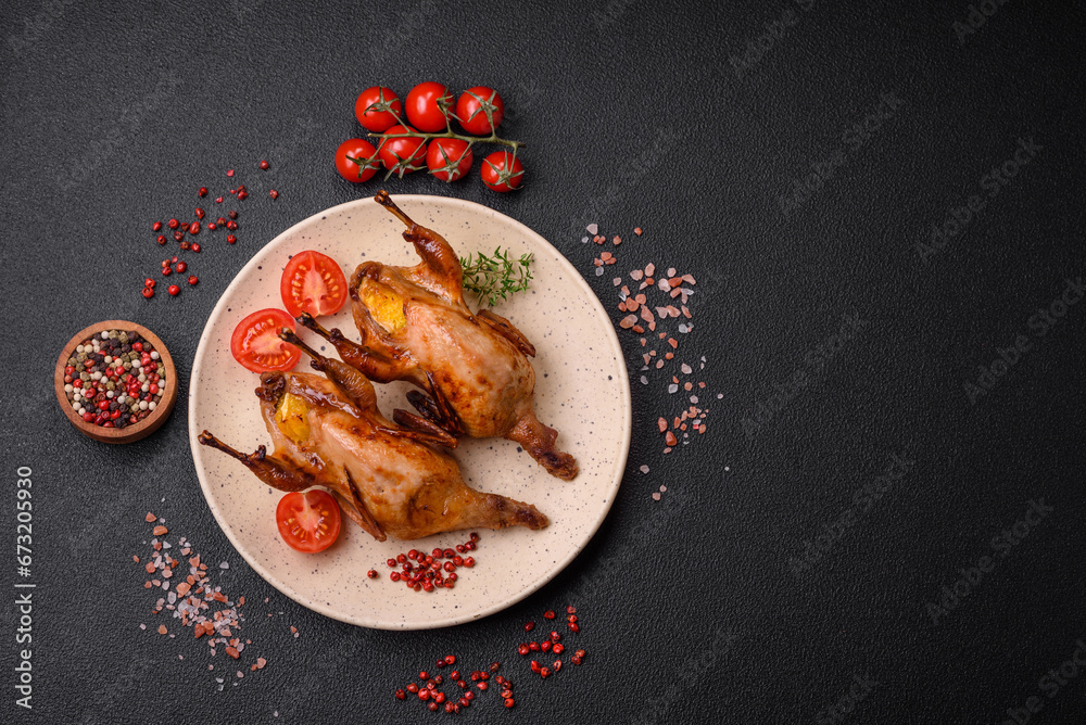 Roasted quail, partridge or pigeon stuffed with orange with spices and herbs Roasted quail, partridge or pigeon stuffed with orange with spices and herbs