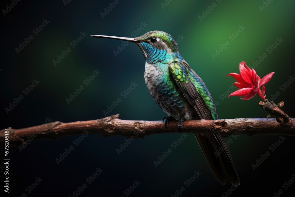 Fototapeta premium A Graceful Hummingbird Perched on a Blossoming Branch, Surrounded by Vibrant Colors Created With Generative AI Technology