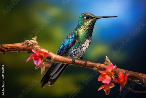 A Graceful Hummingbird Among Vibrant Red Flowers on a Delicate Branch Created With Generative AI Technology