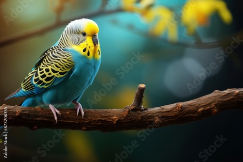 A Vibrant Encounter: Budgerigar song parrot perchin Blue and Yellow Parakeet Perched on Branch Created With Generative AI Technology