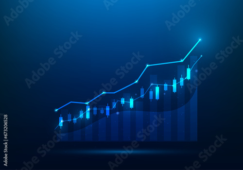 business trading graph stock candle investment growth up on blue background. financial data technology strategy to success. market chart profit money increase. vector illustration digital fantastic.