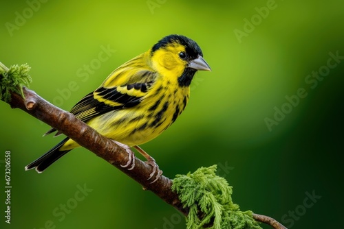 A Vibrant Encounter: The Yellow and Black Beauty A male siskin Perched on a Branch Created With Generative AI Technology