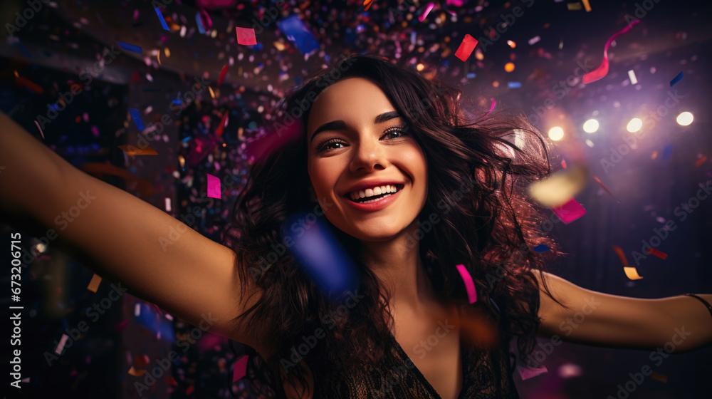 A joyous curly-haired woman, adorned in sequined evening wear, beams brightly amidst a confetti-filled celebration with shimmering bokeh lights. A joyous curly-haired woman, adorned in sequined evening wear, beams brightly amidst a confetti-filled celebration with shimmering bokeh lights.