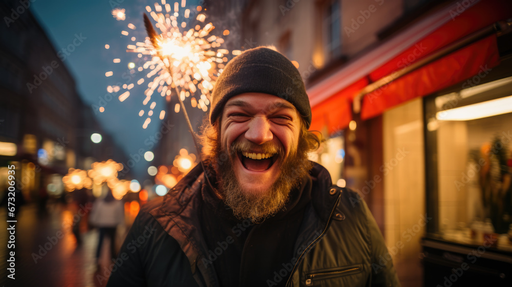 A joyful bearded man wearing glasses and a beanie laughs heartily amidst a backdrop of fireworks, city lights, and a bustling night market. A joyful bearded man wearing glasses and a beanie laughs heartily amidst a backdrop of fireworks, city lights, and a bustling night market.