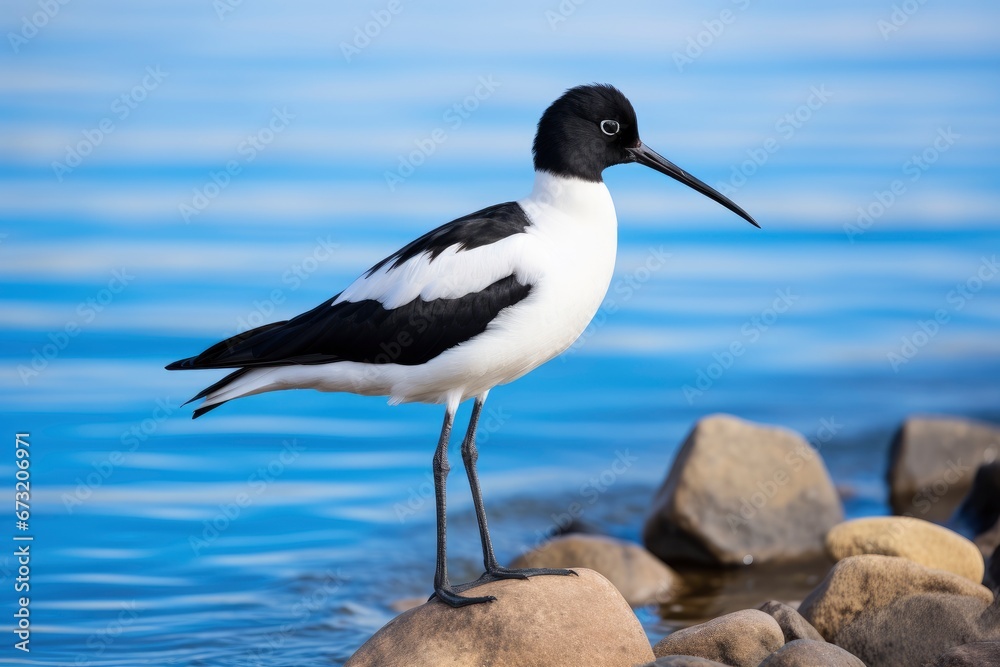 A Majestic Black and White Avocet Bird Perched on Rocky Terrain Created With Generative AI Technology A Majestic Black and White Avocet Bird Perched on Rocky Terrain Created With Generative AI Technology