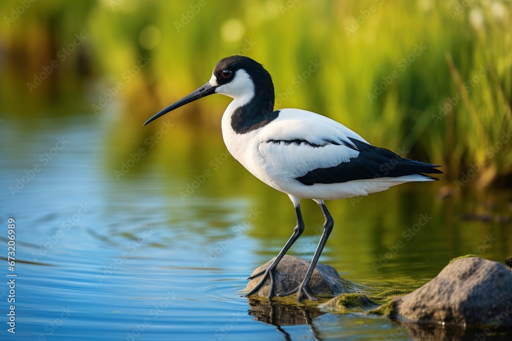 Obraz premium A Majestic Monochrome Avocet Avian Perched on a Rocky Aquatic Outcrop Created With Generative AI Technology