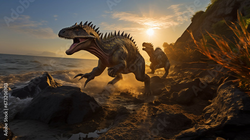 Raptor dinosaurs running by seacoast against sunset. Generative AI
