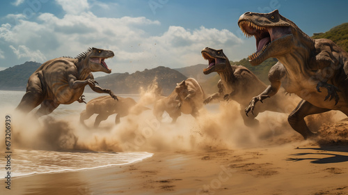 Huge prehistoric dinosaurs fighting by sand seacoast. Generative AI © Nomad_Soul