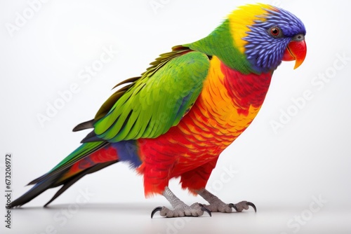 A Vibrant Parrot Perched on a Clean White Surface Created With Generative AI Technology © Karlaage