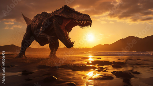 T-rex dinosaur from the Jurassic period at sunset. Generative AI © Nomad_Soul