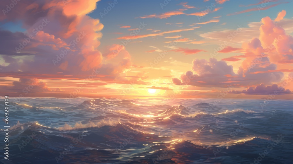 Breathtaking anime style background with a beautiful sunrise, fluffy clouds, sea, and sunshine.