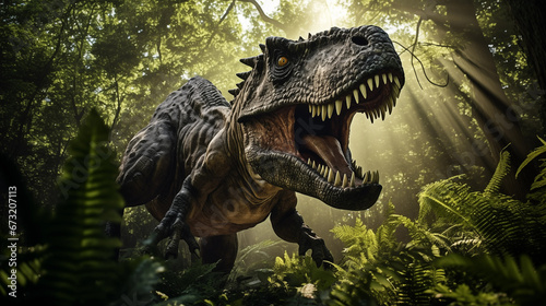 Tyrannosaurus rex from ancient predatory prehistoric period in jungle. Generative AI