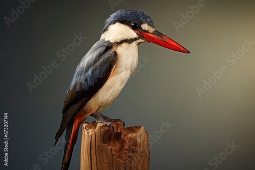 Obraz na plátne A Majestic black-capped kingfisher Halcyon Bird Perched on a Rustic Wooden Post