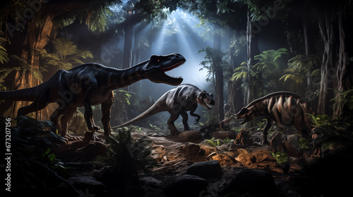 Dinosaur predators attacking herbaceous beast animal in forest. Generative AI