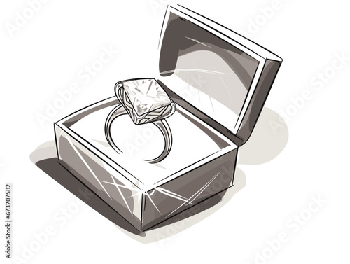 Drawing of Illustration of isolated diamond ring in the box illustration separated, sweeping overdrawn lines.