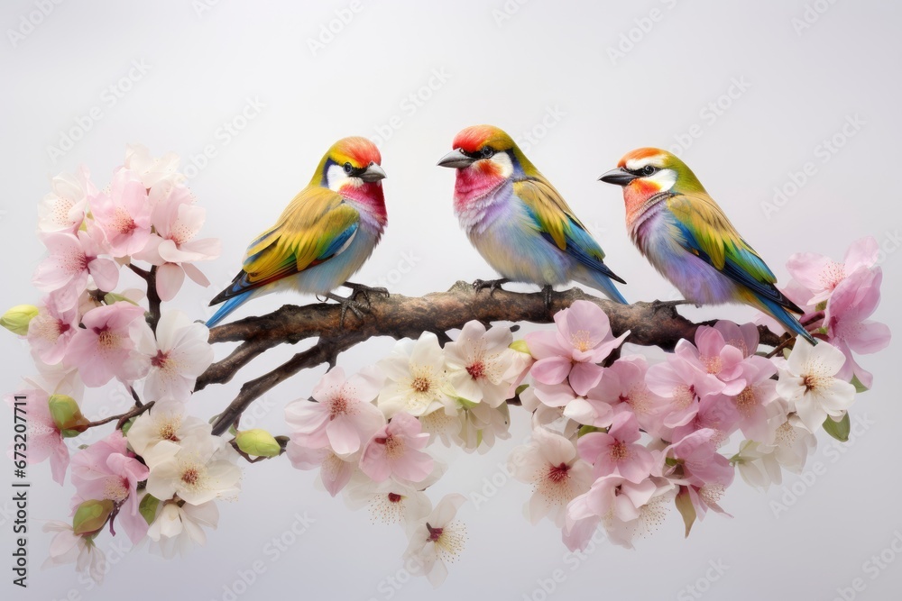 Fototapeta premium Three Vibrant rainbow birds Enjoying the Cherry Blossom Serenade Created With Generative AI Technology