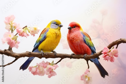 A Serene Moment: rainbow birds Perched on a Majestic Tree Branch Created With Generative AI Technology