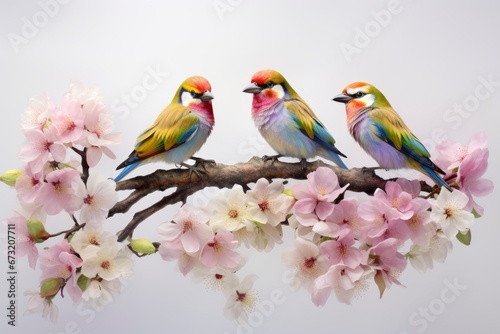 Three Vibrant rainbow birds Enjoying the Cherry Blossom Serenade Created With Generative AI Technology
