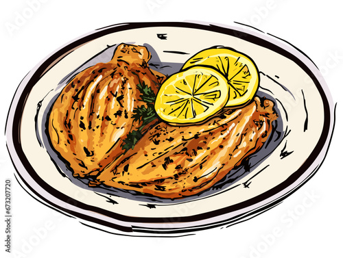 Drawing of Illustration of isolated Grilled chicken in a plate illustration separated, sweeping overdrawn lines.