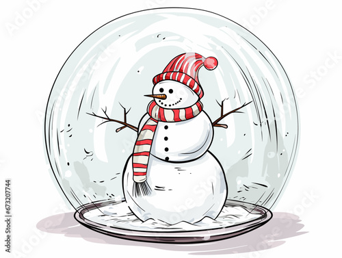 Drawing of Illustration of isolated snowman in snow globe on white illustration separated, sweeping overdrawn lines.