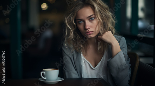 Portrait of beautiful frustrated young woman in cafe. Generative AI
