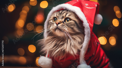A tabby cat is dressed in a festive Santa costume with a hat, sitting in front of a Christmas tree adorned with glowing lights.