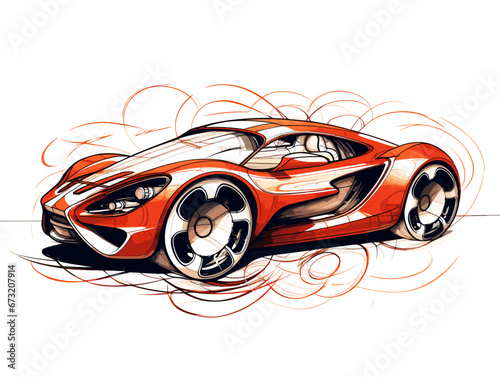 Drawing of Industrial designer car design illustration separated, sweeping overdrawn lines.