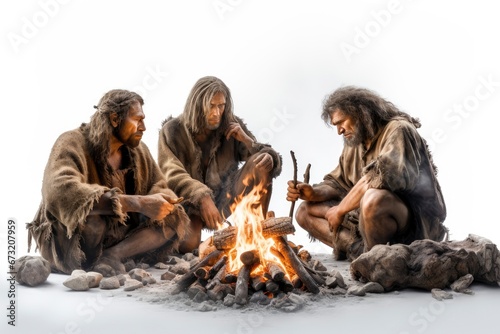 A Gathering of Neanderthal Men Sharing Stories and Warmth Around a Crackling Fire Created With Generative AI Technology