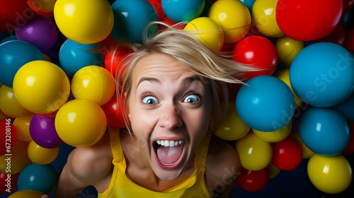 Expressive happy woman in balloons feeling excited. Generative AI