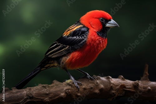 A Majestic Red Bishop Bird Perched on a Serene Branch Created With Generative AI Technology