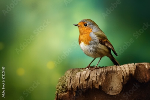 A Serene Moment: A Small Robin redbreast Bird Perched on a Rustic Piece of Wood Created With Generative AI Technology