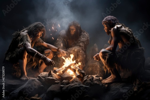 A Cozy Neanderthal  Evening Gathering Around a Warm Bonfire Created With Generative AI Technology