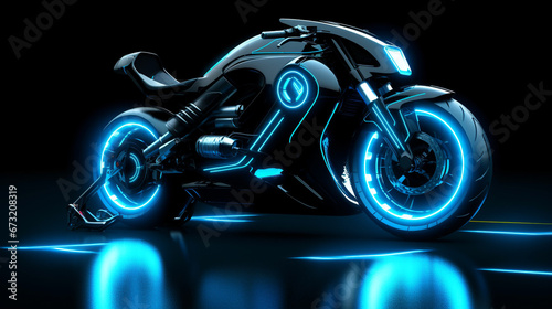 A futuristic motorcycle with dark color, neon lights, and a sci-fi style, represents the transport of the future.  © Aisyaqilumar