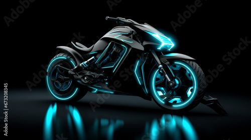 A futuristic motorcycle with dark color  neon lights  and a sci-fi style  represents the transport of the future. 