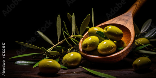 Fresh olives with leaves in spoon on rustic table.