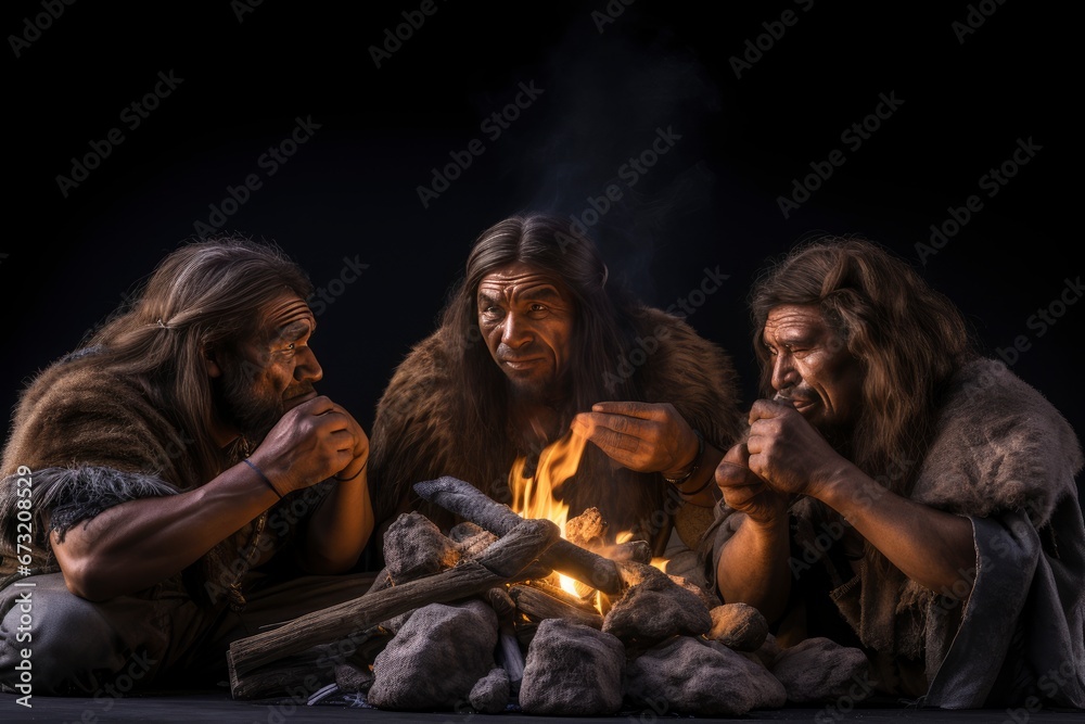 A Cozy Neanderthal  Evening Gathering Around the Warm Fire Created With Generative AI Technology