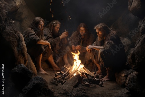 A Cozy Neanderthal Evening Around the Warm Fire Created With Generative AI Technology
