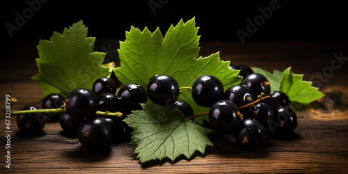 Close-up blackcurrants on wooden table.