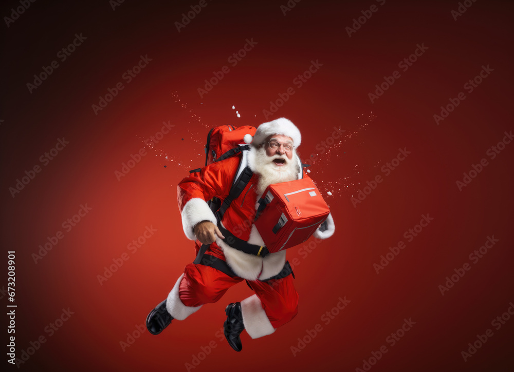 Santa Claus in hat with gifts, hurries to wish Merry Christmas and Happy New Year. Holiday card, banner poster for advertising.