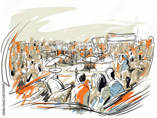 Drawing of Live music background. Show and public illustration separated, sweeping overdrawn lines.