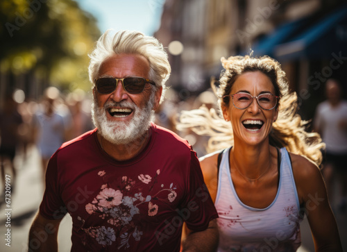 Two old people, retirees, leading an active lifestyle and enjoying fun. Advertising illustration, concept of activity and sport in adulthood and old age.